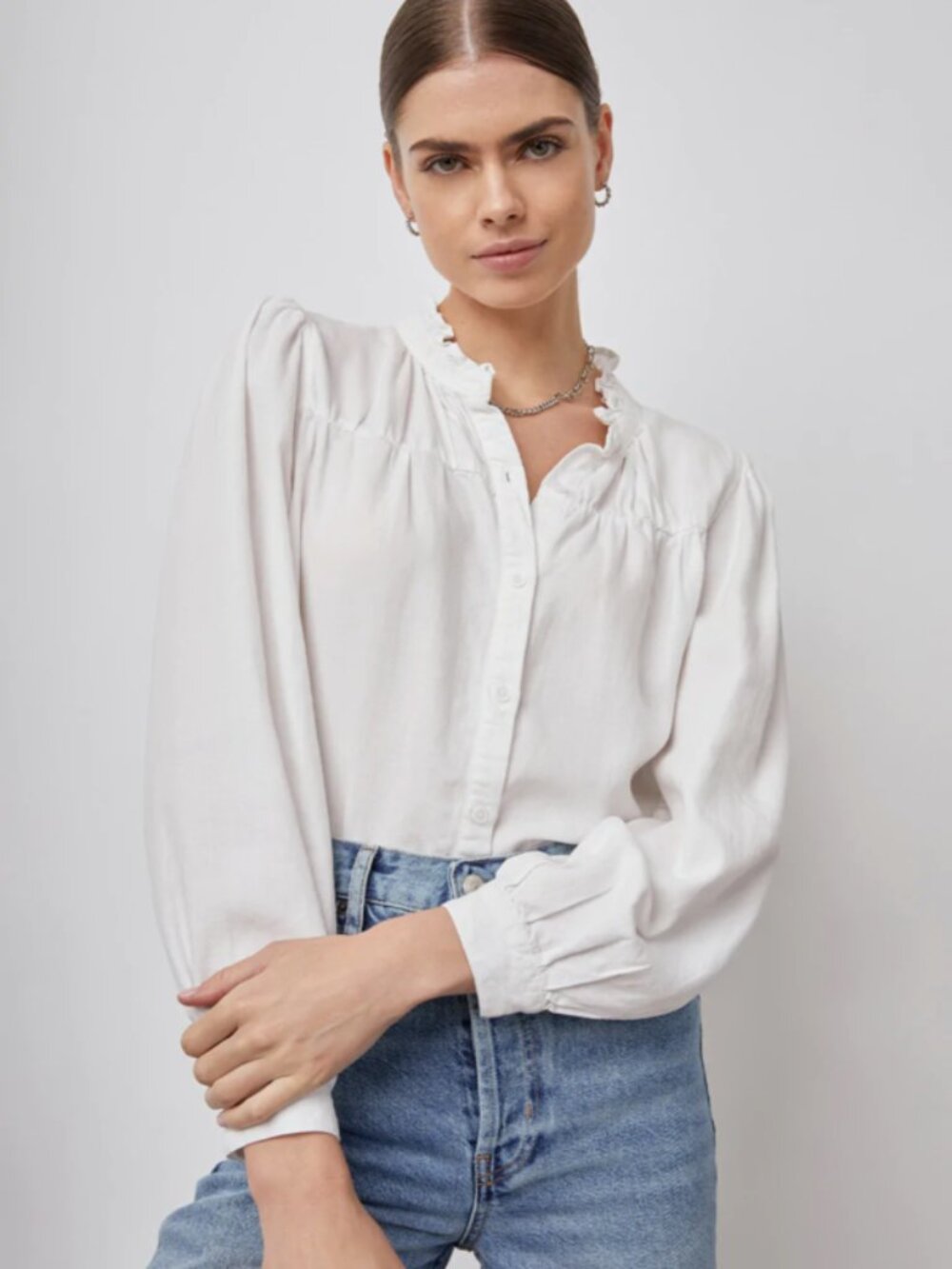 Rails Bella Button-Down Top Sz L White Lyocell Linen Relaxed Cottage Prairie